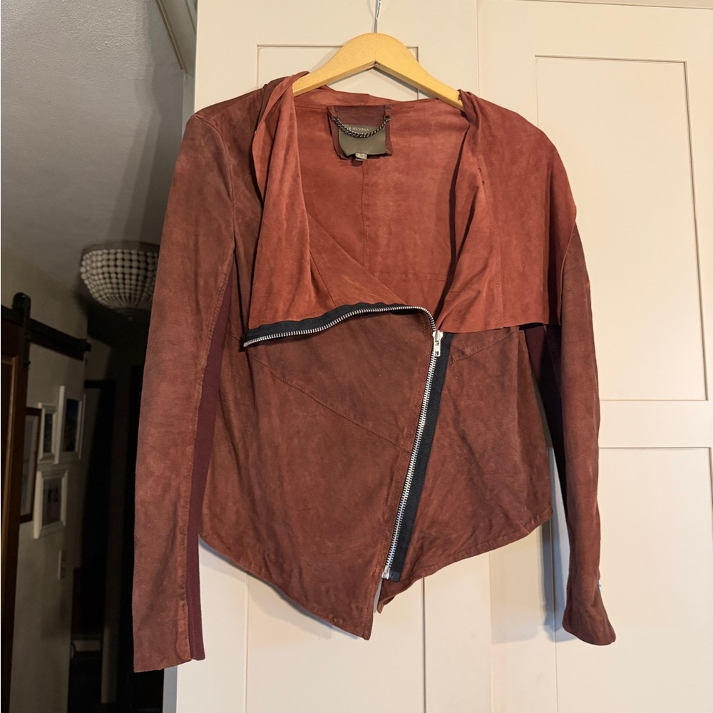 Muubaa Alexis Drape Suede Jacket in Cherry Red, size 6x excellent condition